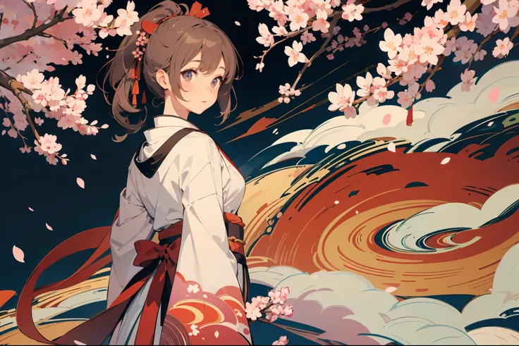 Masterpiece, Best Quality, Illustration, 1 Girl, The Sakura Maiden,Cherry Blossoms, Flat Colors, Line Art, Abstract, beautiful,Japanese Themes