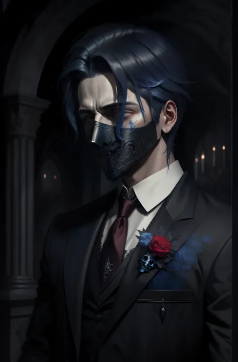 court, a handsome boy, sad, blue shoulder-length hair, white full face theatrical mask, faceless, despair, romanticism, gothic a...