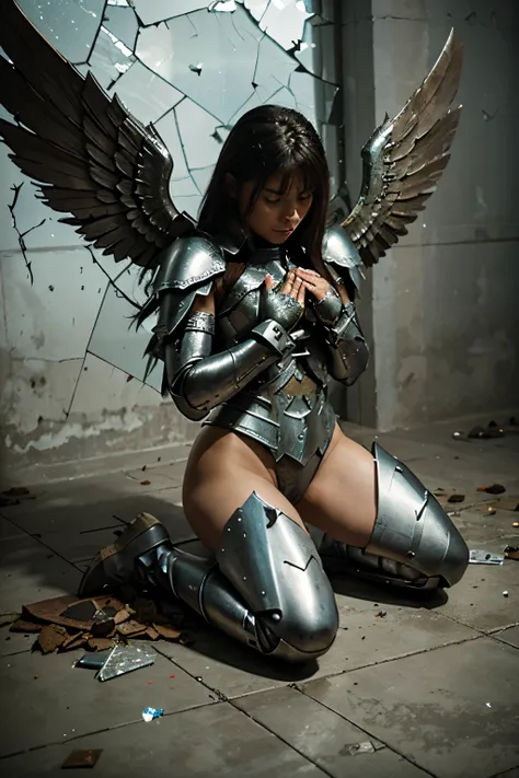 armored Angel warrior with big wings kneeling looking defeated, ground covered in shattered glass
