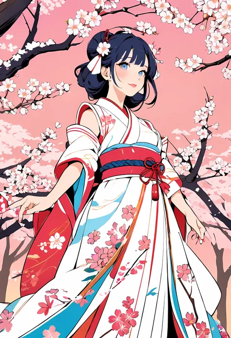 masterpiece, best quality, illustration, 1 girl, Cherry blossoms少女,Cherry blossoms, flat color, Line art, Japanese theme