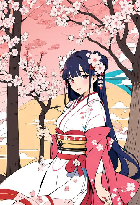 masterpiece, best quality, illustration, 1 girl, Cherry blossoms少女,Cherry blossoms, flat color, Line art, Japanese theme