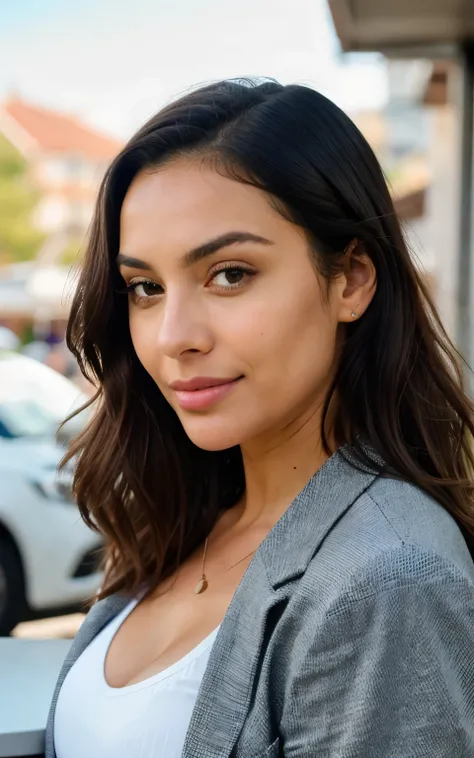 Linda morena vestindo um blazer bege (in a cafe drinking soda), Muito detalhado, 38 anos de idade, rosto inocente, natural wavy black hair long medium brown eyes, high resolution, obra de arte, melhor qualidade, detalhes altos e intrincados, altamente deta...