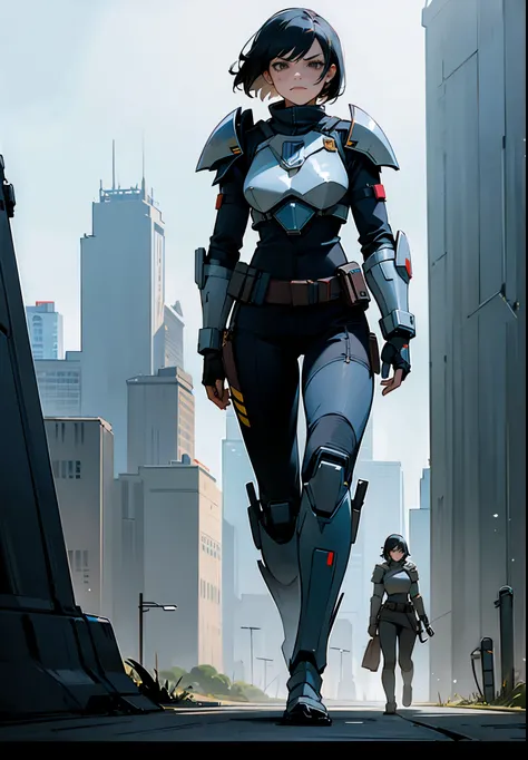 1Female, Adult, Black Hair, Short Hair, Mandalorian Armor, Angry, Scars, Futuristic City, Walking on Path