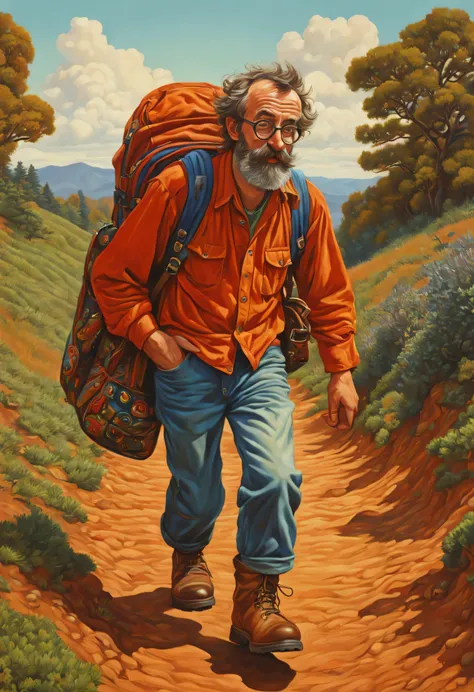 Illustration of a man , olha a camera, e mochila andando por uma estrada de terra, big feet,playful peasant, todd schorr, por Fred Ludekens, colorful illustration, Tenente Aleksander Gierymski, Tenente Aleksander Kobzdej, Todd Schorr altamente detalhado, b...