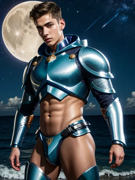 (photorealistic, masterpiece, detailed face, best quality, highres, 4k), Fantasy art style, astrological sign of Cancer portrayed by a gentle and sensitive young male model with a mysterious air. He emerges from a moonlit beach wearing skimpy shimmering si...