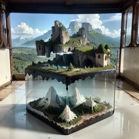 Style de rendu MicroWorld, minuscule cube de verre contenu, Inside the cube are (paysage, encre, montagnes, Eau, arbres verts) , volumetic, Des nuages, vibrant, colored, Very detailed, 4K Ultra HD, 8K, rendu par octane, Centrer le sujet, fond blanc,