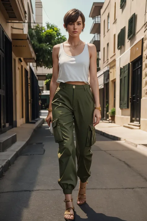 Full-length white woman, weighing 143 pounds, wearing military green cargo pants, an off-white tank top, gold gladiator sandals, brunette short hair, asymmetrical bob cut, hyperrealism, lots of details , realism, UHD, 8k, 4k