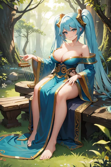 sona, sexy, in game, in a forest, looking to master, smiling, playing horizontal harp