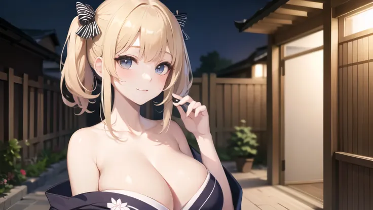 (((masterpiece, best quality))), (((superior quality))), cute girl, ((extremely detailed girl)), ((huge breasts)), (yukata), (bare shoulders), strapless top, slight smile, twin tail blonde