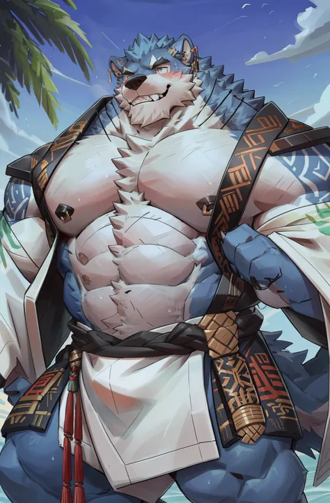 (morning), 1 Volibear, solo, looking at the audience, summer, Smile,muscular man，beard,middle aged，White Fundos,((Open)  kimono)，Chinese traditional clothing,close up,earrings,Nipple rings,Sweat,Blush stitching,majestic,confident,Strong