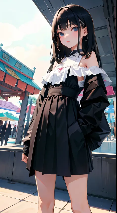 (short cute girl，small young student，young delicate girl）,（masterpiece，Top quality)，long black hair, amusement park