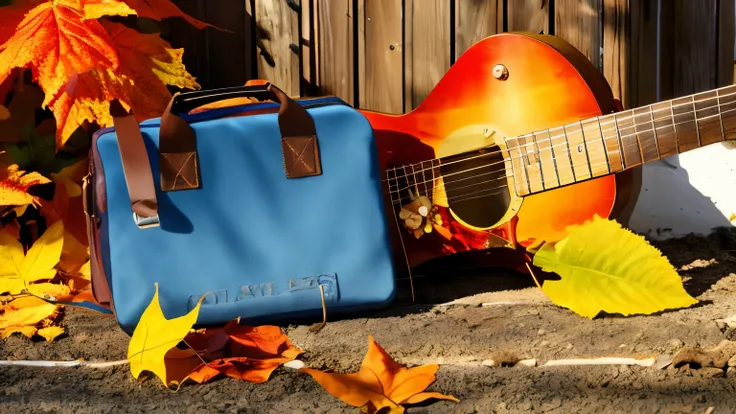 1 guitar, 1 strawhat, 1 busket of flowers, autumn leaves in garden, minimal background