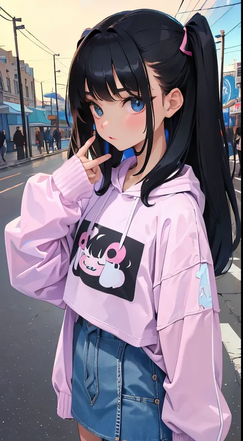 (short cute girl，small young student，young delicate girl）,（masterpiece，Top quality)，Pastel hoodies，long black hair, amusement park