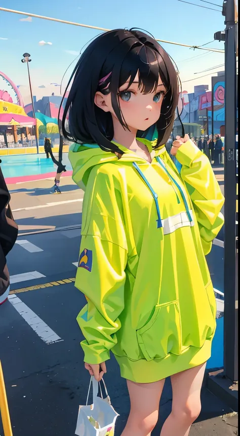 (short cute girl，small young student，young delicate girl）,（masterpiece，Top quality)，Pastel hoodies，long black hair, amusement park