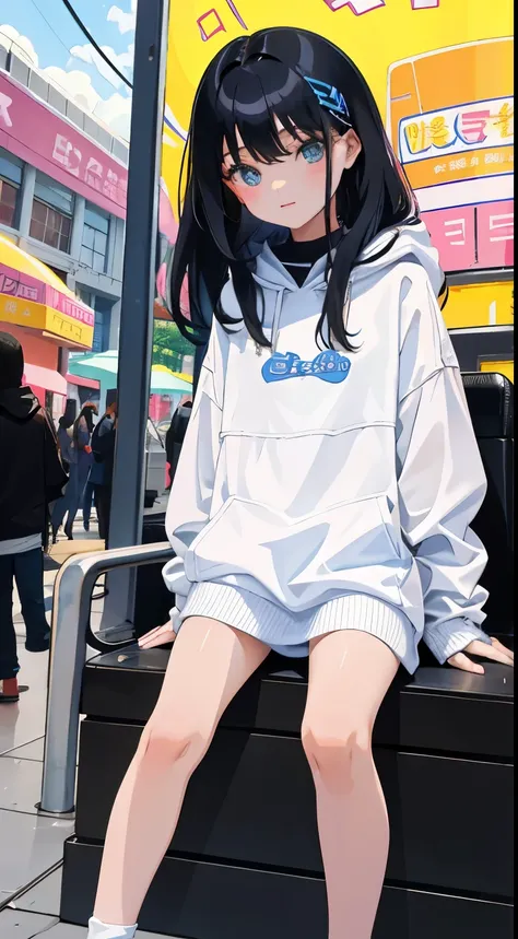 (short cute girl，small young student，young delicate girl）,（masterpiece，Top quality)，Pastel hoodies，long black hair, amusement park