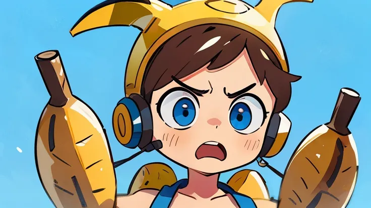 headset on, super mad, screaming, angry, dramatic, strong contrast and saturation, blueish background, bananas background, high detailed, fornite banana costume, shooting, guns, bananas guns, bananas, big eyes, in a close view, front, girly short hair, bro...