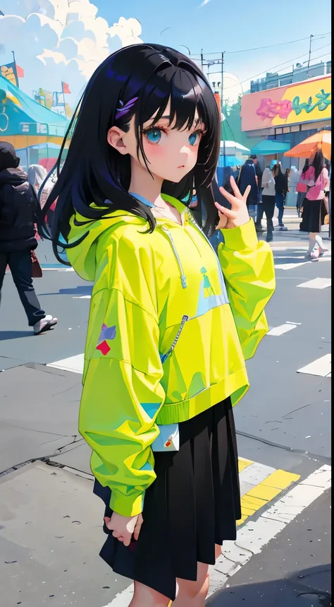 (short cute girl，small young student，young delicate girl）,（masterpiece，Top quality)，Pastel hoodies，long black hair, amusement park