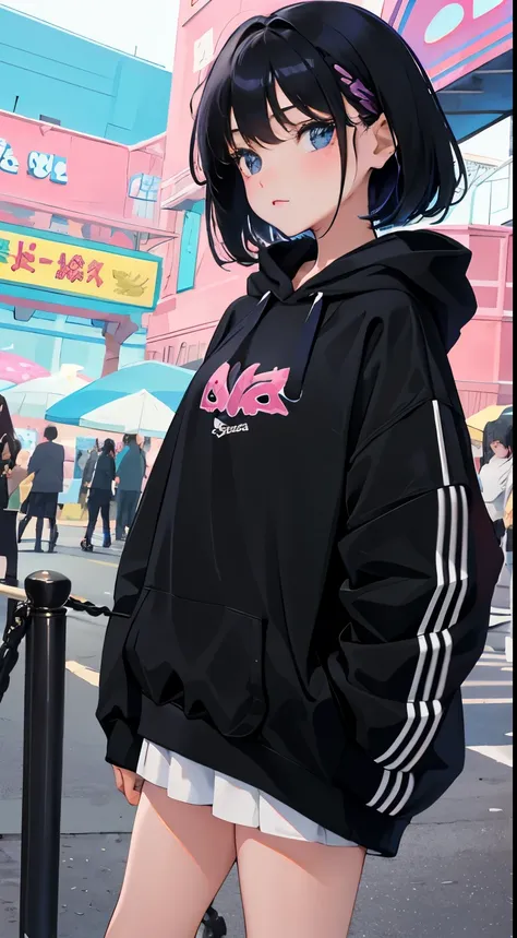 (short cute girl，small young student，young delicate girl）,（masterpiece，Top quality)，Pastel hoodies，long black hair, amusement park