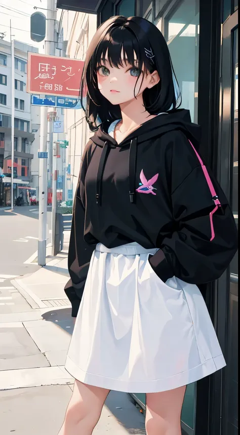 (short cute girl，small young student，young delicate girl）,（masterpiece，Top quality)，Pastel hoodies，long black hair, beach