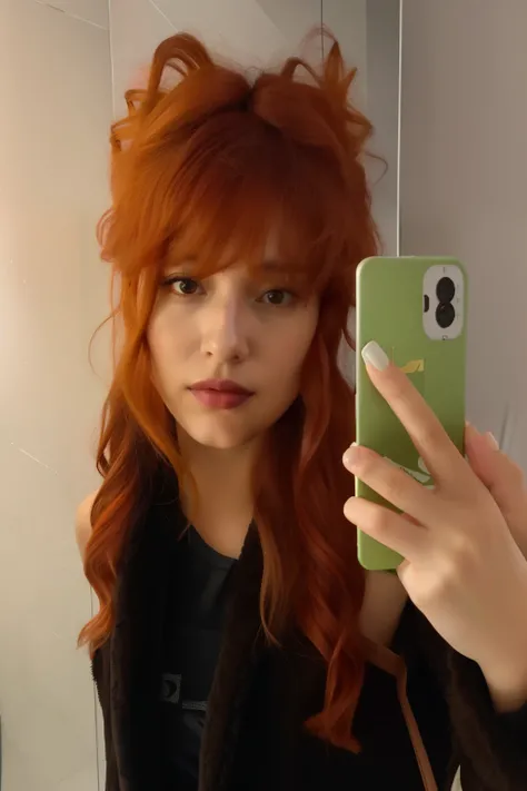 arafed woman taking a selfie in a bathroom mirror with a phone, selfie of a young woman, wearing a fisher 🧥, style of julia razumova, ginger hair and fur, dasha taran, she has long orange brown hair, valentina remenar, madison beer as leeloo, with red hair...