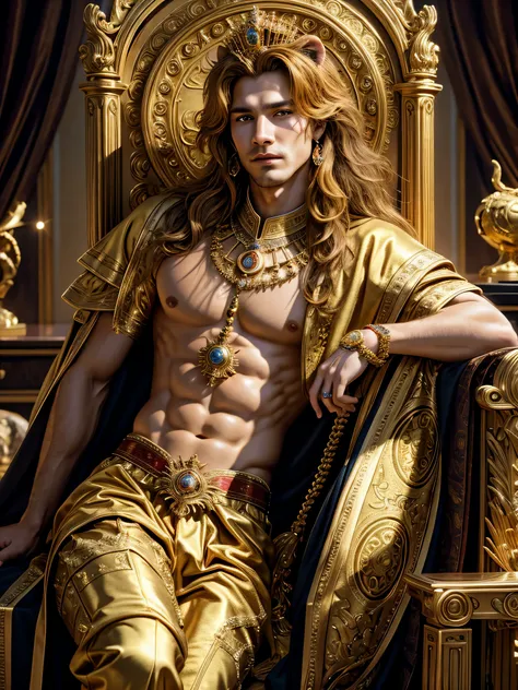 (photorealistic, masterpiece, detailed face, best quality, highres, 4k), Fantasy art style, imagine the astrological sign of Leo the majestic lion embodied by a regal male model radiating confidence and power. He stands atop a grand throne, with resplenden...