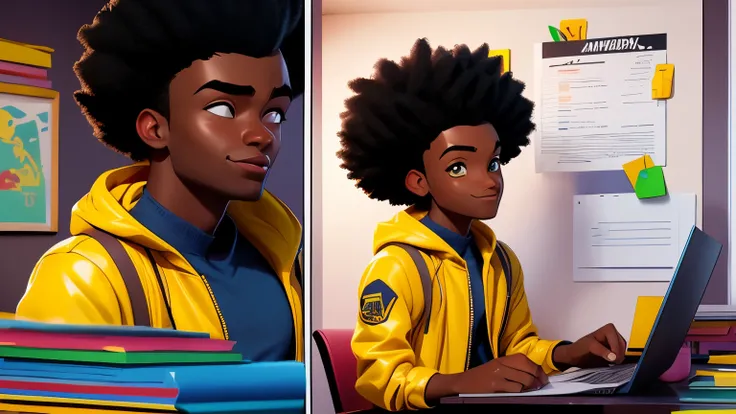 The same handsome African young man wearing a yellow jacket, working in a office, (comic art style), full color, hand drawn, bright vector, portrait of a dark-skinned, black.