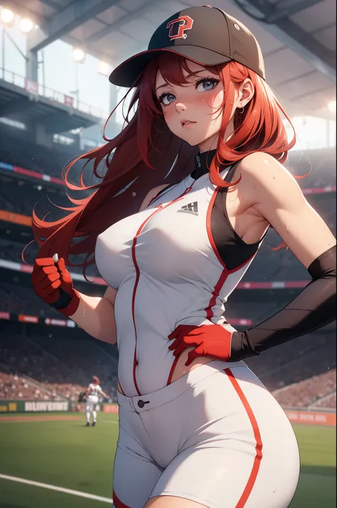 (masterpiece, 4k, best quality), photorealistic, cinematic, 1 girl, medium red hair, (((close up shot, front view))), perfect anatomy, curvaceous body, alluring, perfect eyes, detailed eyes, medium-sized breasts, round ass, (((sweaty body))), sweaty skin, ...