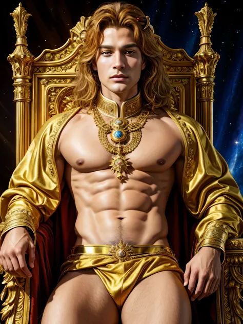 (photorealistic, masterpiece, detailed face, best quality, highres, 4k), Fantasy art style, imagine the astrological sign of Leo the majestic lion embodied by a regal male model radiating confidence and power. He is seated upon a grand throne, with resplen...