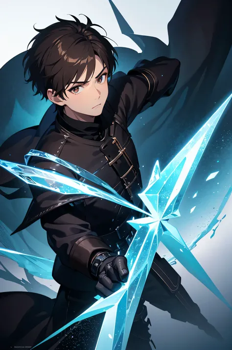 short brown hair brown eyes boy, ice sword, bsurdres, high res, ultrasharp, 8K, masterpiece, mature, detailed, sharp detailed eyes, ice background landscape, dark forest and blue and black outfit