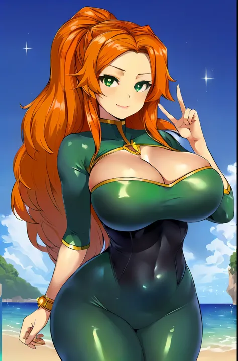 bloom), (shine), lighting, ray tracing, outdoor, depth_of_field, masterpiece, HD, best quality, kawaii, sparkles, stars, anime, 1 girl, anime girl, big breasts, hourglass figure, cleavage, wide hips, tight fitting clothes, green outfit, green eyes, pale sk...