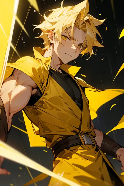 1male, muscular, blonde Hair, random Hair, yellow Eyes, Jedi Clothing,yellow shirt, black undershirt, raining background,
