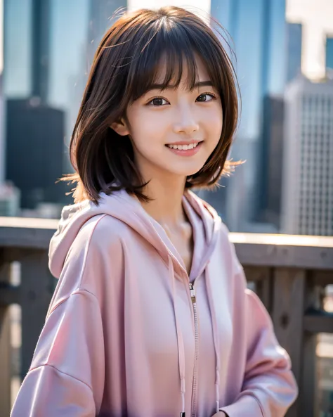 (highest quality, 8k, High resolution, masterpiece:1.2), beautiful japanese girl, 14 years old, (whole body:1.3), On the rooftop of the tallest skyscraper, walk along the edge of the roof, The big city can be seen below, sunset on the horizon, intricately ...