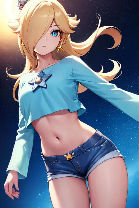 rosalina, rosalina, blonde hair, blue eyes, hair over one eye, long hair, micro shorts, tiny shorts, panty shorts, micro shorts,...