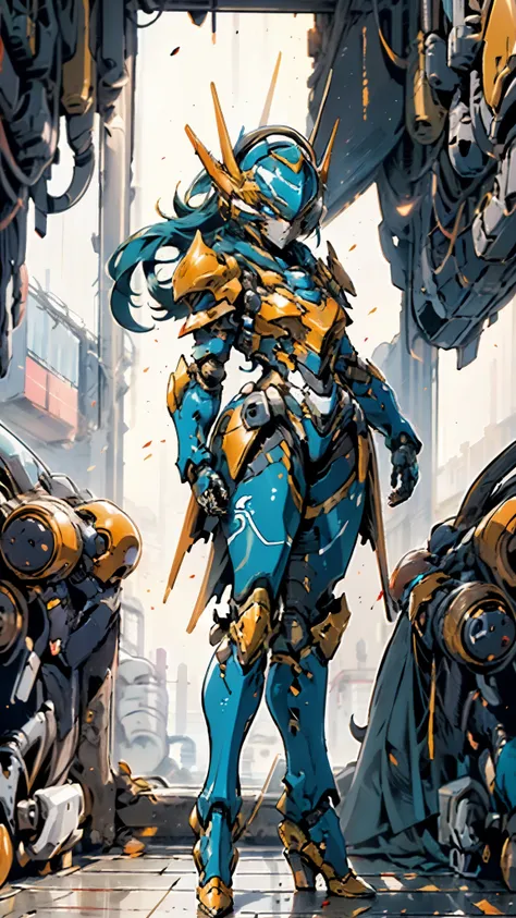 A woman adorned in fantasy-style full-body armor, a crown-concept fully enclosed helmet that unveils only her eyes, a composite layered chest plate, fully encompassing shoulder and hand guards, a lightweight waist armor, form-fitting shin guards, the overa...