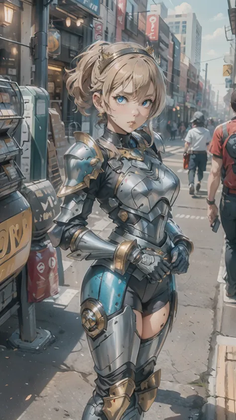 A woman adorned in fantasy-style full-body armor, a crown-concept fully enclosed helmet that unveils only her eyes, a composite layered chest plate, fully encompassing shoulder and hand guards, a lightweight waist armor, form-fitting shin guards, the overa...