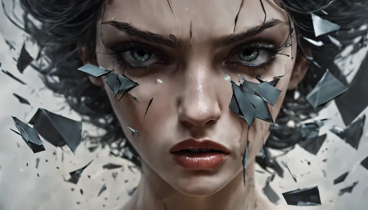Each blow is a release of pent-up anguish, a cathartic expression of pain and heartache. As the mirror splinters further beneath her assault, her shoulders tremble with the intensity of her emotions, and tears mingle with the shards at her feet.