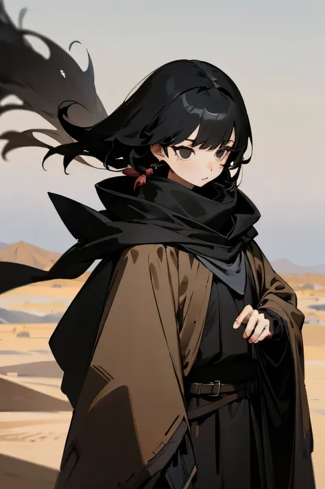 young adult, female, black hair, black eyes, poncho, black cloak, desert Background.