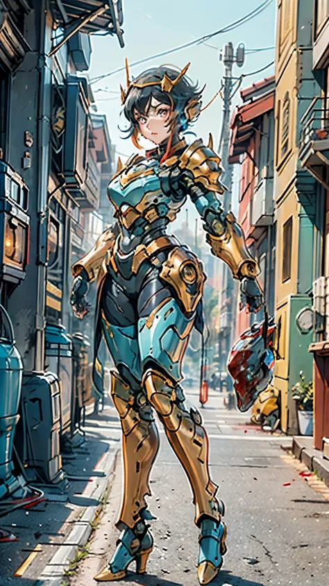 A woman adorned in fantasy-style full-body armor, a crown-concept fully enclosed helmet that unveils only her eyes, a composite layered chest plate, fully encompassing shoulder and hand guards, a lightweight waist armor, form-fitting shin guards, the overa...