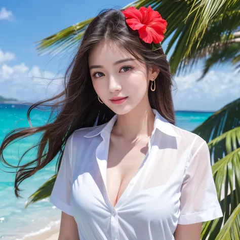 ((highest quality、table top、8k、best image quality、extremely complex and detailed depiction))、(1 person photo:1.1)、The best smile staring at the camera、(beautiful beach:1.05)、(fully expose the chest:1.1)、(One big red hibiscus on the head:1.2)、(White polyest...