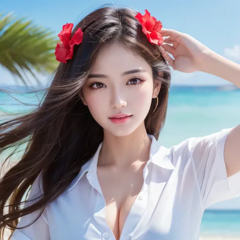 ((highest quality、table top、8k、best image quality、extremely complex and detailed depiction))、(1 person photo:1.1)、The best smile staring at the camera、(beautiful beach:1.05)、(fully expose the chest:1.1)、(One big red hibiscus on the head:1.2)、(White polyest...