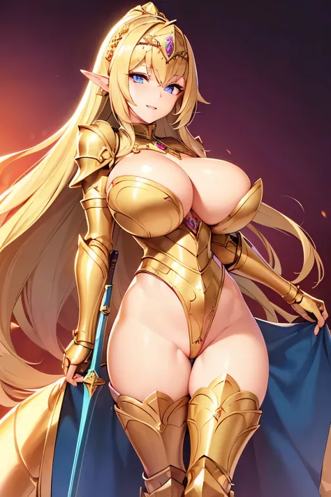 Cute face, full body, (detailed face and eyes:1.2), medieval queen, (gilded slutty paladin armor:1.2), legs spread, (shoulder micro armor), (sword:1.1), sexy pose, (tall human), (vibrant colors), slender body, excited expression, (huge breasts:1.1), (busty...