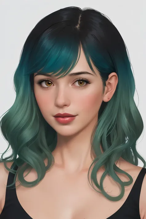 ((best quality)), ((illustration)), (detailed), perfect face, german woman, 35 years old, looking at us, single mom, ombre blue green hair, wavy hair, shoulder length hair, bangs, black brown eyes, tanned, thin lips, nymph