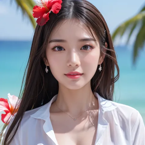 ((highest quality、table top、8k、best image quality、extremely complex and detailed depiction))、(1 person photo:1.1)、The best smile staring at the camera、(beautiful beach:1.1)、(fully expose the chest:1.1)、(One big red hibiscus on the head:1.2)、(White polyeste...