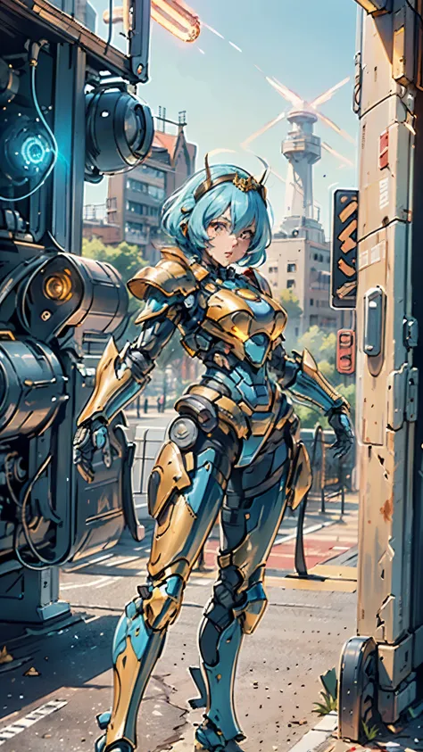 A woman adorned in fantasy-style full-body armor, a crown-concept fully enclosed helmet that unveils only her eyes, a composite layered chest plate, fully encompassing shoulder and hand guards, a lightweight waist armor, form-fitting shin guards, the overa...