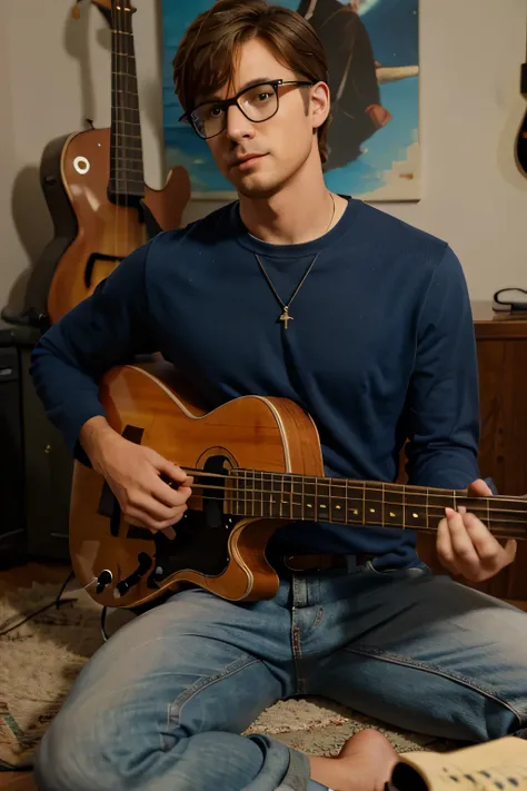 realistic blue bass guitar lying next to a guy with brown hair and glasses