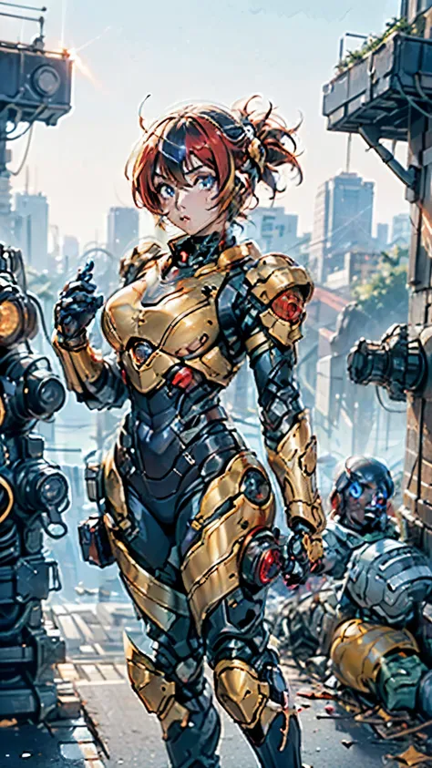 A woman adorned in fantasy-style full-body armor, a crown-concept fully enclosed helmet that unveils only her eyes, a composite layered chest plate, fully encompassing shoulder and hand guards, a lightweight waist armor, form-fitting shin guards, the overa...