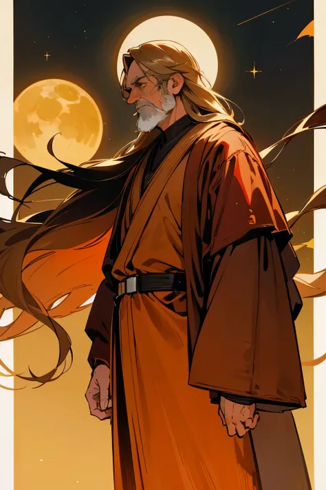 Star wars, old man, professional, brown long hair, golden red clothes, royalty, hazel eyes, moonlight