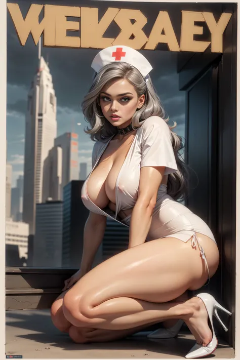 (Masterpiece, Best Quality), 8k Wallpaper, highly detailed, poster, vintage sci-fi film, 1960s, a magazine cover with sexy giant nurse towering over a tiny city, a portrait by Paul Kane, cinematic movie poster, perfect face, silver hair, Attack of the 50 f...