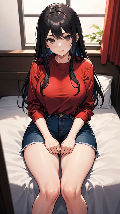 masterpiece:1.5，best quality,  perfect face，long black hair，she wears red shirt，Wear black jeans，Big ，sitting on bed