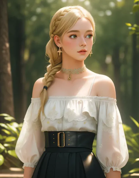 (masterpiece, best quality:1.2) 1 girl, intricate details. prints, earrings, upper body, freckles, bokeh, dappled sunlight, blonde, off shoulder, high waist skirt, choker, looking at viewer, french braid, art by Tamas Sarffi, trending on artstation